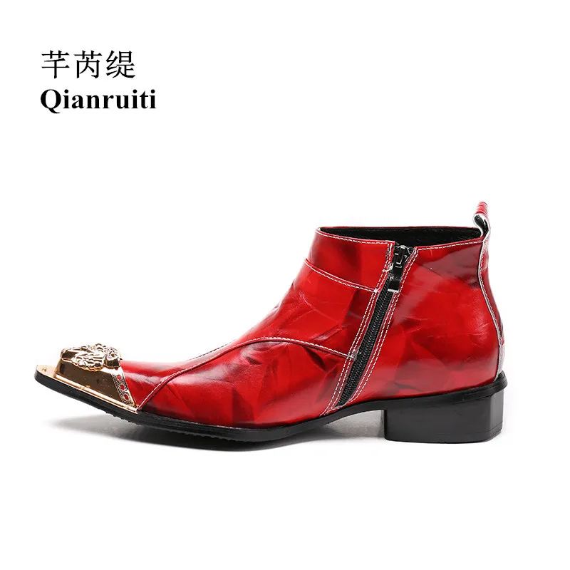 

Qianruiti Fashion Trend Men's Ankle Boots Red Buckle Riding Boots Cow Leather Shoes Gold Metal Toe Men Short Boots