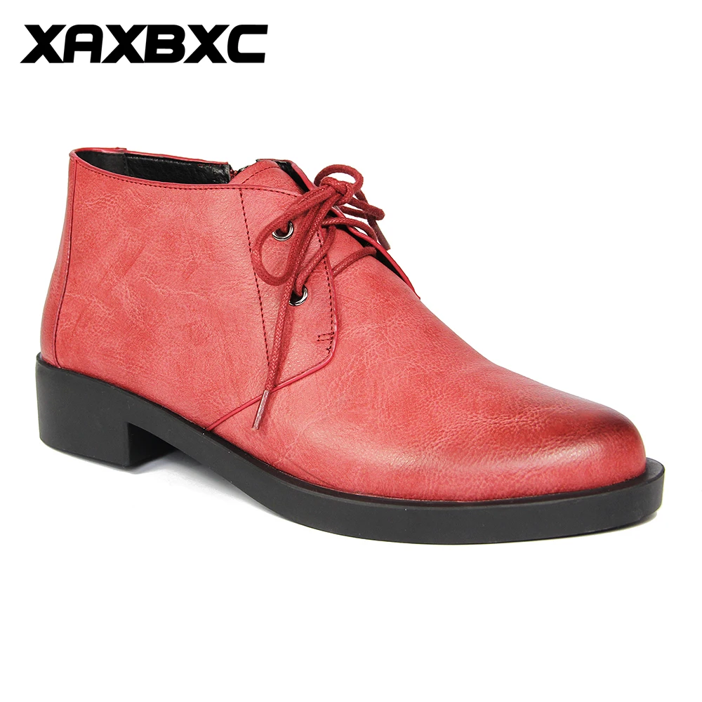 

XAXBXC 2018 Retro British Autumn Red Brogues Lace-Up Short Ankle Boots Warm Women Boots Handmade Casual Lady Shoes