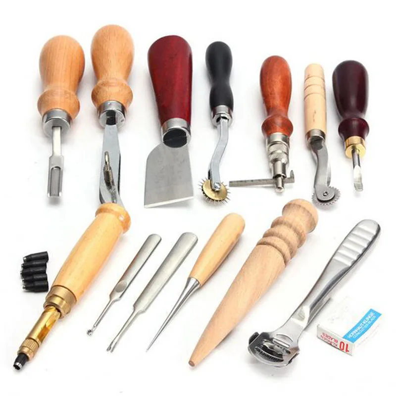 

G1 13 pcs Sewing Leather Craft Tools Kit Hand Punch Skiving Knife Groover For Home Handwork Leathercraft Tool Accessories