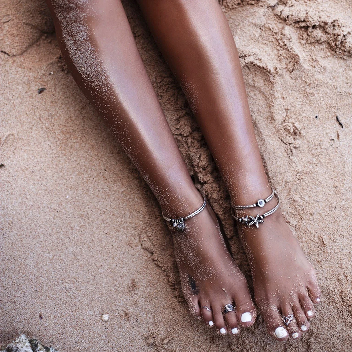 Sexy Women Boho Starfish Anklet Double Chain Jewelry Vintage Ankle Bracelet For Women Buddha Barefoot Beach Jewellery Shellhard