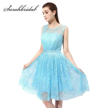 

Sky Blue Lace A Line Prom Dresses Knee Length Lace Up Back Pretty Girl Little Party Dress Short Mini Gowns for Graduation OS399