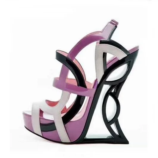 

2018 Summer Peep Toe Color Matching Strange Heel Sandals Shoes Mmulti-color Wedge Heels Dress Shoes Cut-out Gladiator Sandals