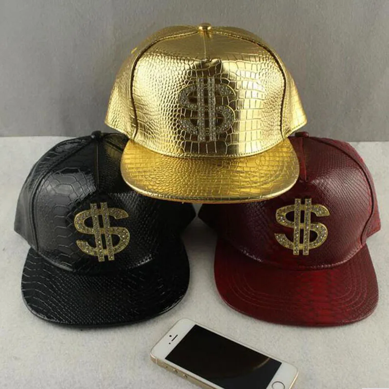 

2017 new Dollar Logo hip hop cap PU Leather Hats Gold Rhinestone Street DJ Money Baseball Caps For men women free shipping