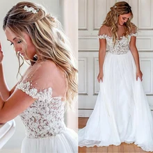 Junoesque шифоновое свадебное платье трапециевидной формы с круглым вырезом, украшенное бисером кружевом, с кружевной аппликацией и коротким рукавом, свадебное платье, vestido madrinha