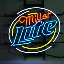 Неоновая вывеска для Miller Lite, Настоящая стеклянная пивная барная витрина кафе, уличные световые знаки 17*14"