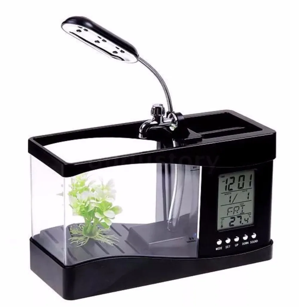  Free Shipping Mini USB Aquarium LCD Fish Tank Display Clock Led Lamp Light Assorted Children's bedr - 32703891191