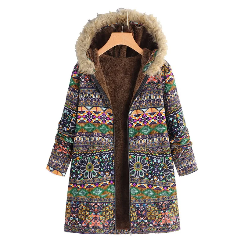 

Women Hooded Plush Thick Coat Winter Warm Long Sleeve PocketsParkas Folk-custom Print Cotton A Line Vintage Coat Puimentiua