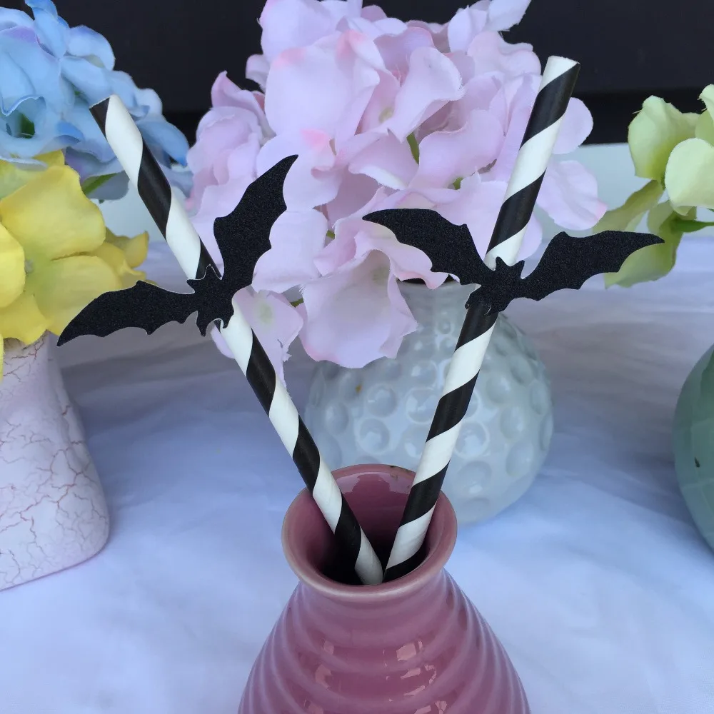 

Bat Paper Straws 25 Count Straws Black Glitter Bat Straws Halloween Paper Straws