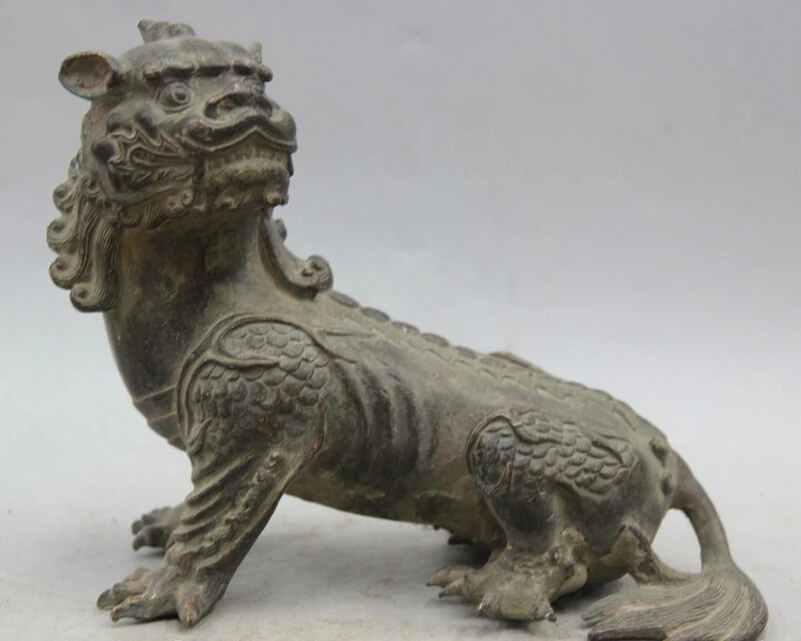 

song voge gem S2434 8" Chinese Bronze Feng Shui Folk animal Unicorn Beast Pi Xiu Statue Sculpture
