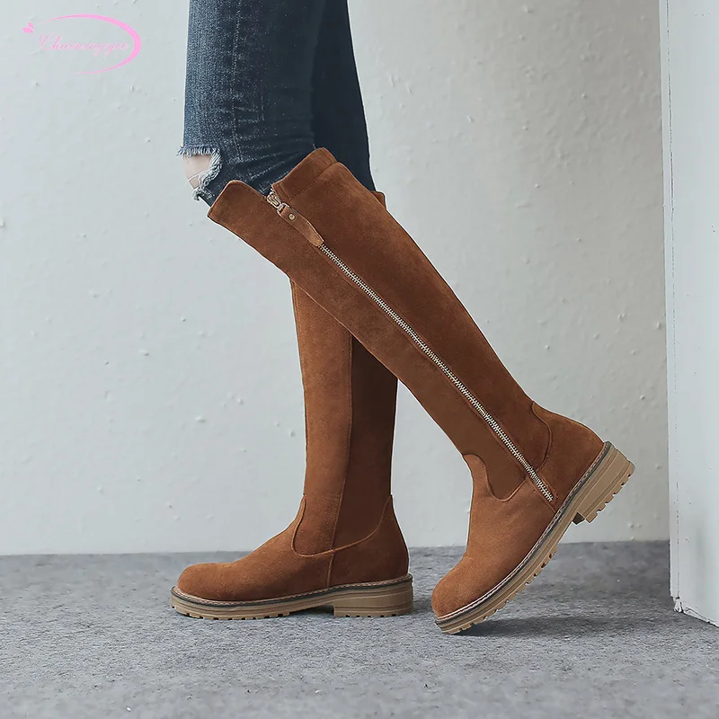 

Casual knee-high boots nubuck round toe fashion zipper waterproof black brown medium heel thick women's motorcycle boots