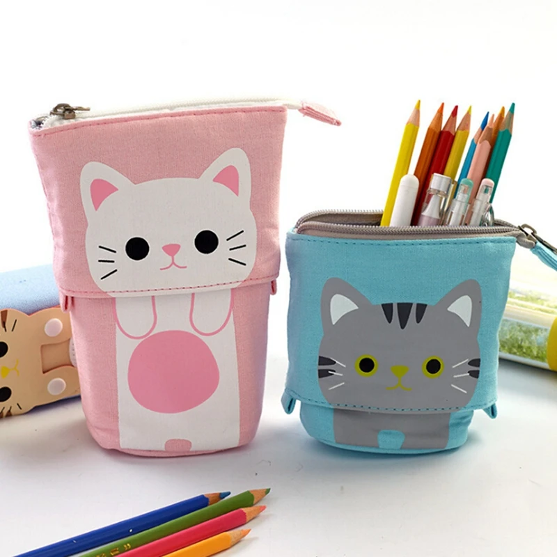

Telescopic vertical canvas pen holder pencil case cartoon cute cat multi-function office storage bag