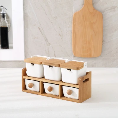 Простой стиль сахарница домашний кухонный набор Ceramica для соли и специй горшок баночки деревянная рама - Цвет: Design 5