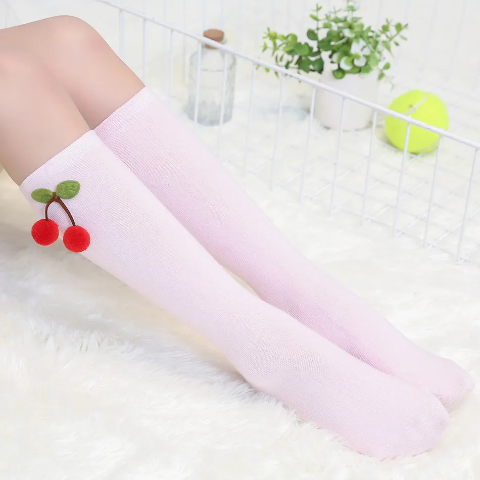 

Cute Cherry Fruit 3-12 years Solid Color Cotton Over Knee Long Socks For Girl