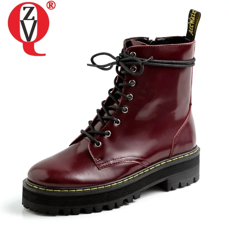 

ZVQ woman shoes spring new fashion retro high quality genuine leather martin boots mid heels platform zip cross-tied ankle boots