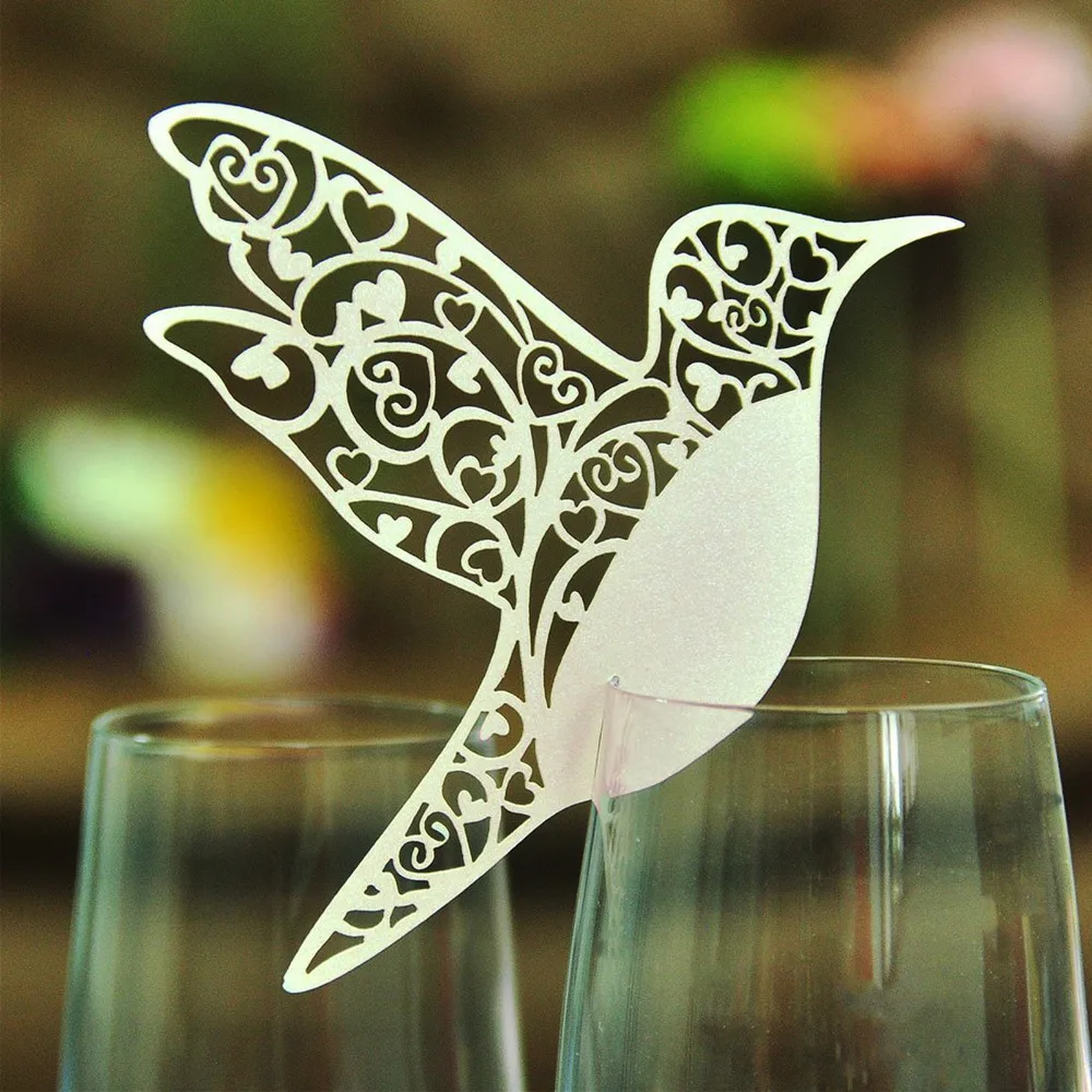 200pcs DIY Place Card Flying Birds Cups Glass Wine Wedding Name Cards Laser Cut Pearlscent Paper Birthday Party Decoration | Дом и сад
