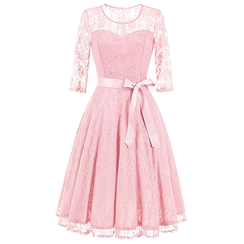 Pink Женские платья, осень, сексуальное Сетчатое винтажное кружевное платье с цветочным рисунком, элегантное винтажное платье с круглым вырезом, тонкое сексуальное платье на булавке, рокабилли Vestidos Midi - Цвет: Pink