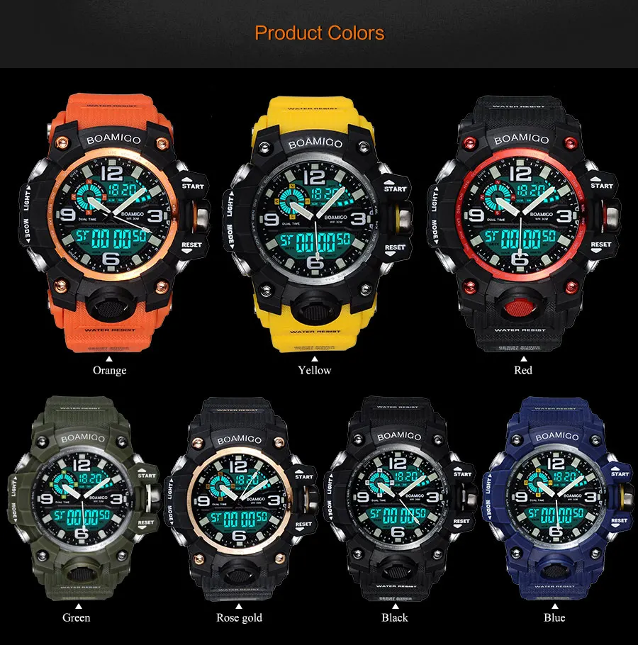 Goedkoop Mannen Sport Horloges BOAMIGO Merk Digitale LED Quartz Rubber Militaire Horloges Waterdicht Analoge Mannelijke Klok Relogio Masculino