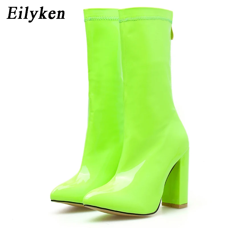 

Eilyken Fashion Fluorescent green red Ankle ZIP Boots High Heels Women Autumn Sexy Chelsea Boots Pointed Toe Women Pumps
