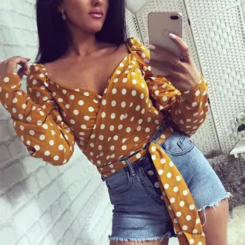

Women Summer Tops Polka Dot Print Blouse Ladies Full Sleeve V-Neck Casual Top
