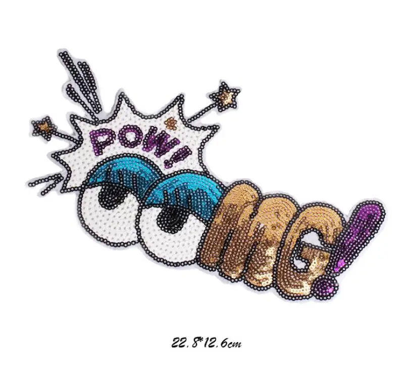 

1pc Colorful Sequins Eyes OMG letters Embroidery Fabric Large Applique Patch African Lace Sew Dress Cloth Decorate Accessory DIY