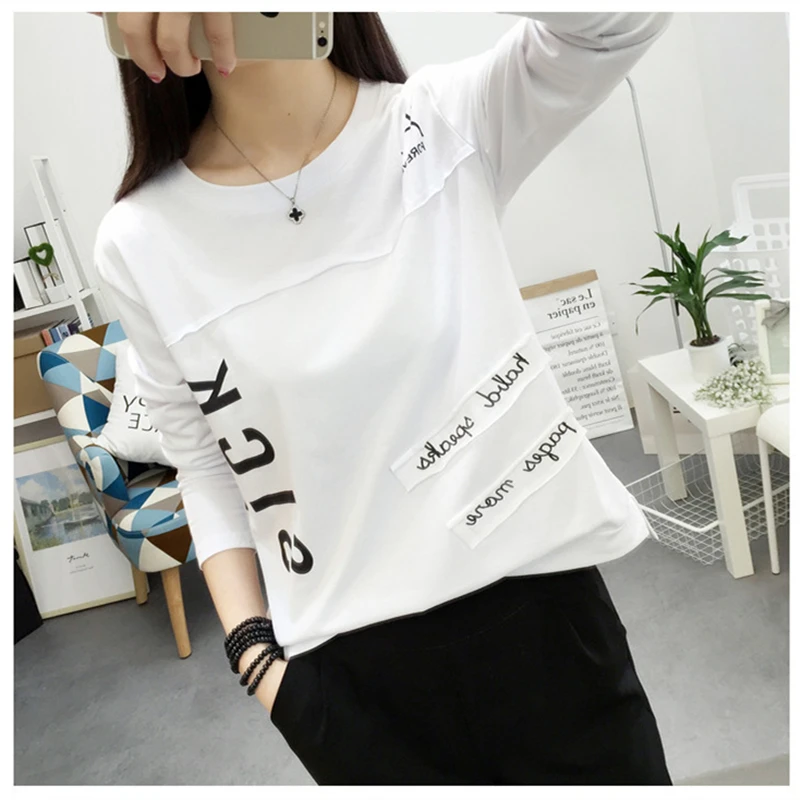Новинка, Корейская женская футболка с длинным рукавом, модная, с буквенным принтом, Kawaii, Студенческая футболка, повседневные женские топы, Roupa Feminina