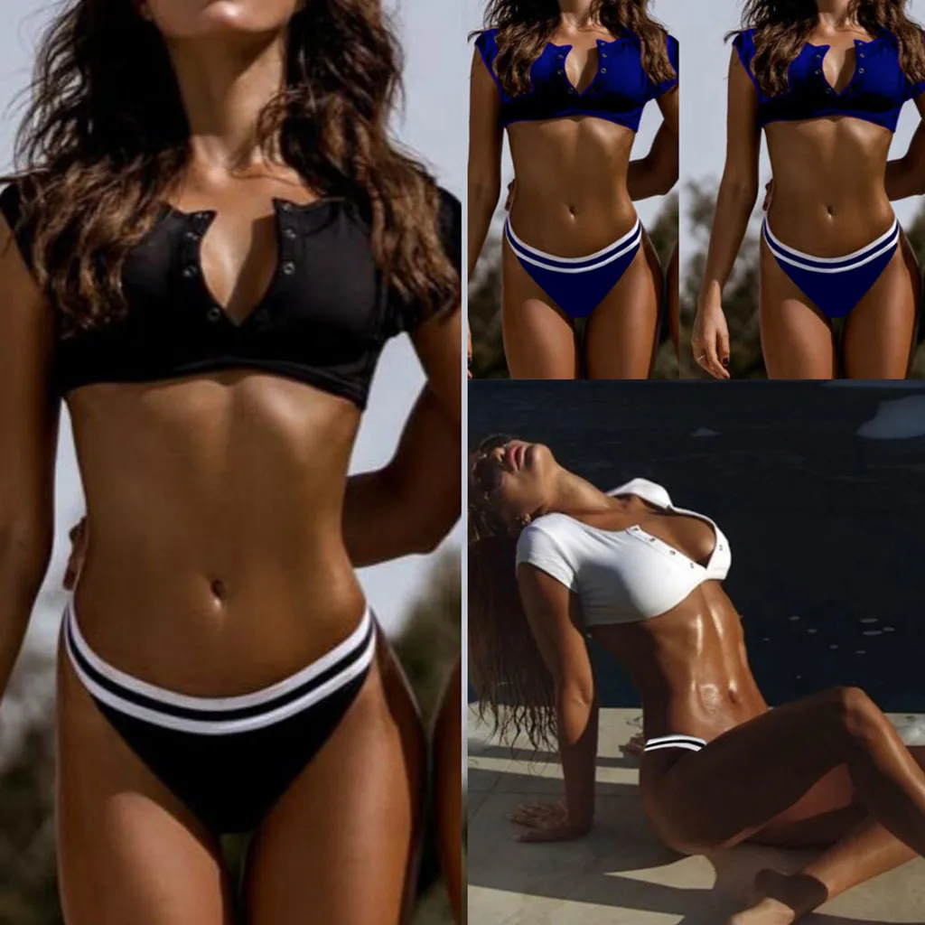 

Summer Women Soild Black Blue White Push-Up Padded Bra Beach Bikini Set Split Swimsuit Two Pieces Beachwear Swimwear Mid Waist