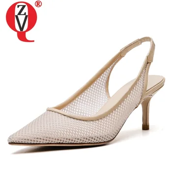 

ZVQ woman shoes summer new fashion sexy pointed toe mesh woman sandals outside high heels slip-on ladies shoes size 33-42