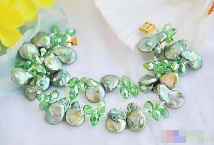 

Hot sell Noble- FREE SHIPPING>>>@@ 0809 2row 8" green coin freshwater pearl faceted teardrop bracelet