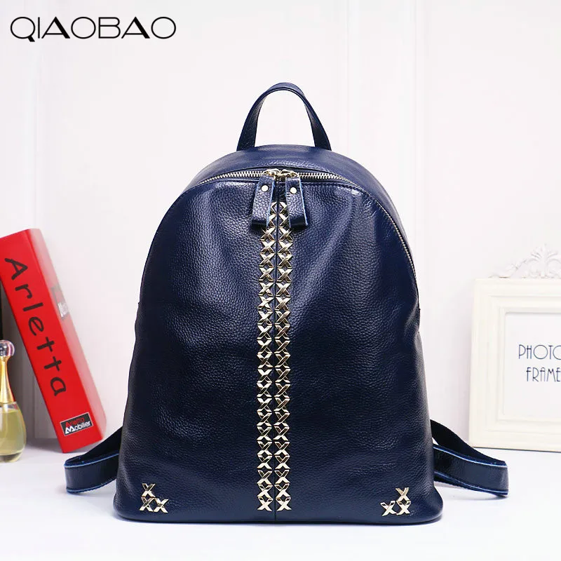 

QIAOBAO Spring new Cowhide leather bags shoulder bag Korean simple top layer of natural leather backpack weaving decoration
