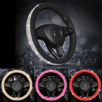 

Crystal Rhinestone Car Leather Steering Wheel Covers Cap Steering-Wheel Cover Auto Car Interior Accessories For Women Girls