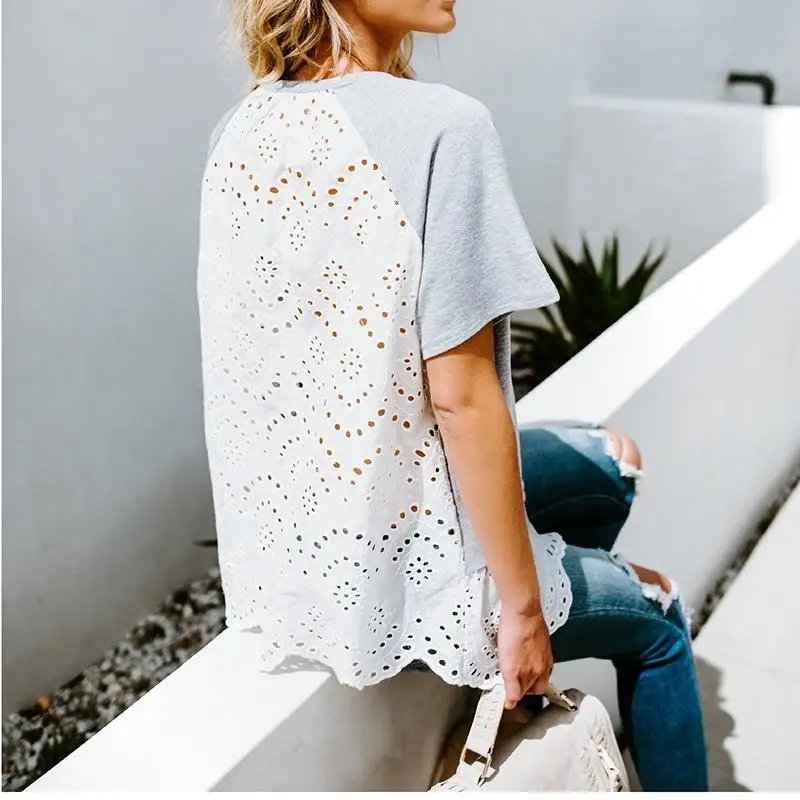 Summer Women T Shirts Women Embroidery Lace Patchwork Fake 2 Pieces Shirts Casual Short Sleeve Tunic Tops Shirt Tops