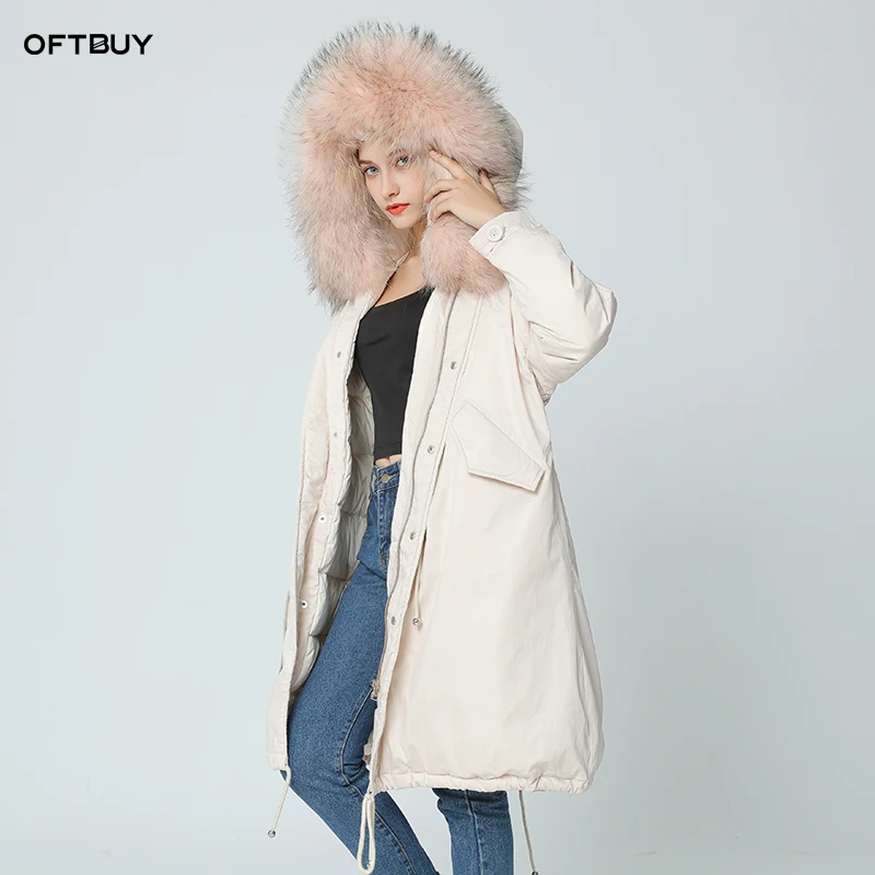 OFTBUY 2019 зимняя куртка женская парка из натурального меха енота Длинное свободное