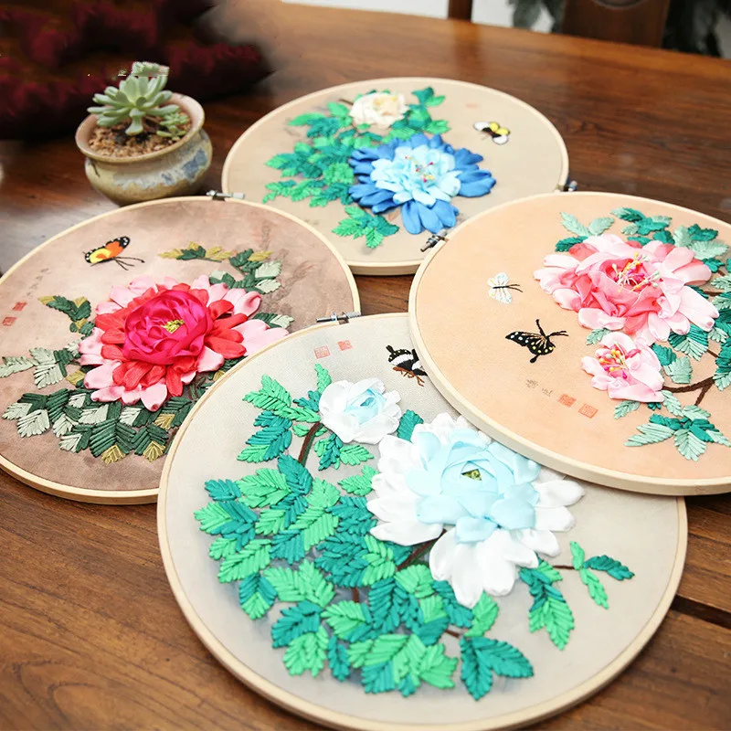 1 Set Handmade Embroidery DIY Cloth Material Package Beginner Embroidery Suite Flower Living Room Paintings Decor With Frame