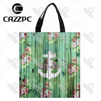 

Vintage Floral Nautical Anchor Green Beach Wood Print Nylon Oxford Reusable Shopping Bag Gift Foldable Bag Eco Bag Pack of 2