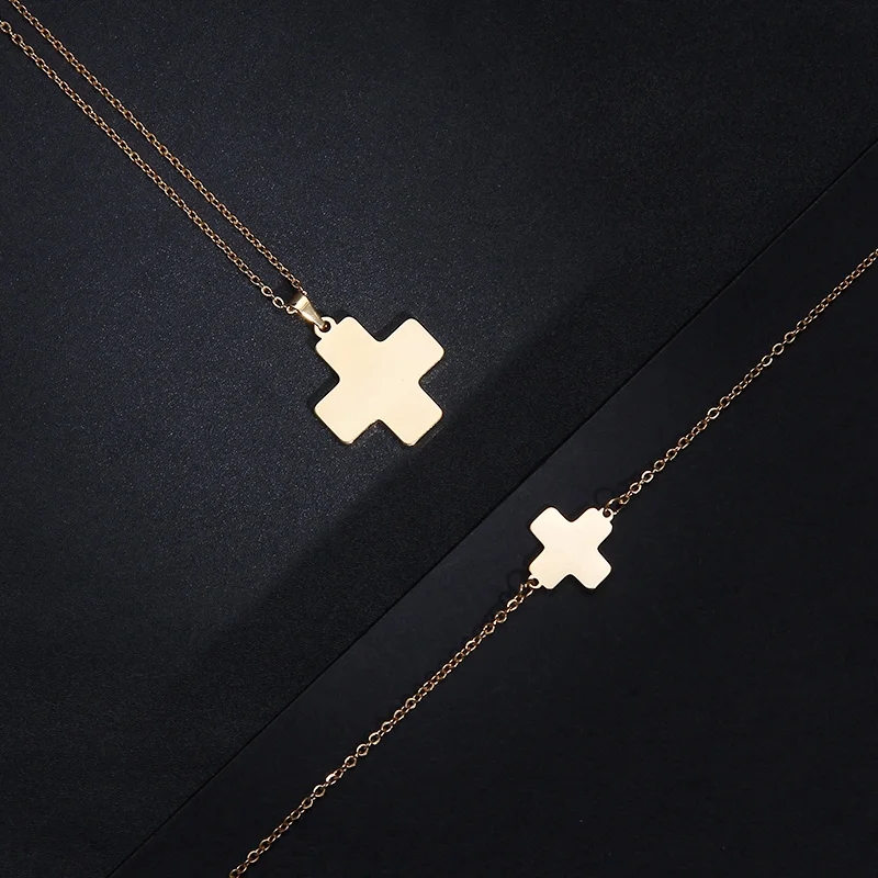 CACANA Stainless Steel Sets For Women Red Cross Shape Necklace Bracelet Earring Jewelry Lover's Engagement Jewelry S289