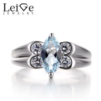 

Leige Jewelry Wedding Ring Natural Aquamarine Ring March Birthstone Solitaire Ring Marquise Cut Gems 925 Sterling Silver Ring