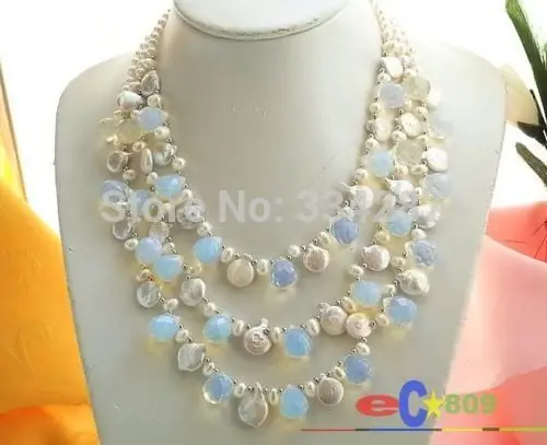 

3ROW WHITE ROUND COIN PEARL NATURE OPAL DRIP NECKLACE