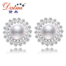 Daimi 11-12mm natural blanco perla pendientes flor y shinny crystal perlas de agua dulce pendientes de la joyería de lujo