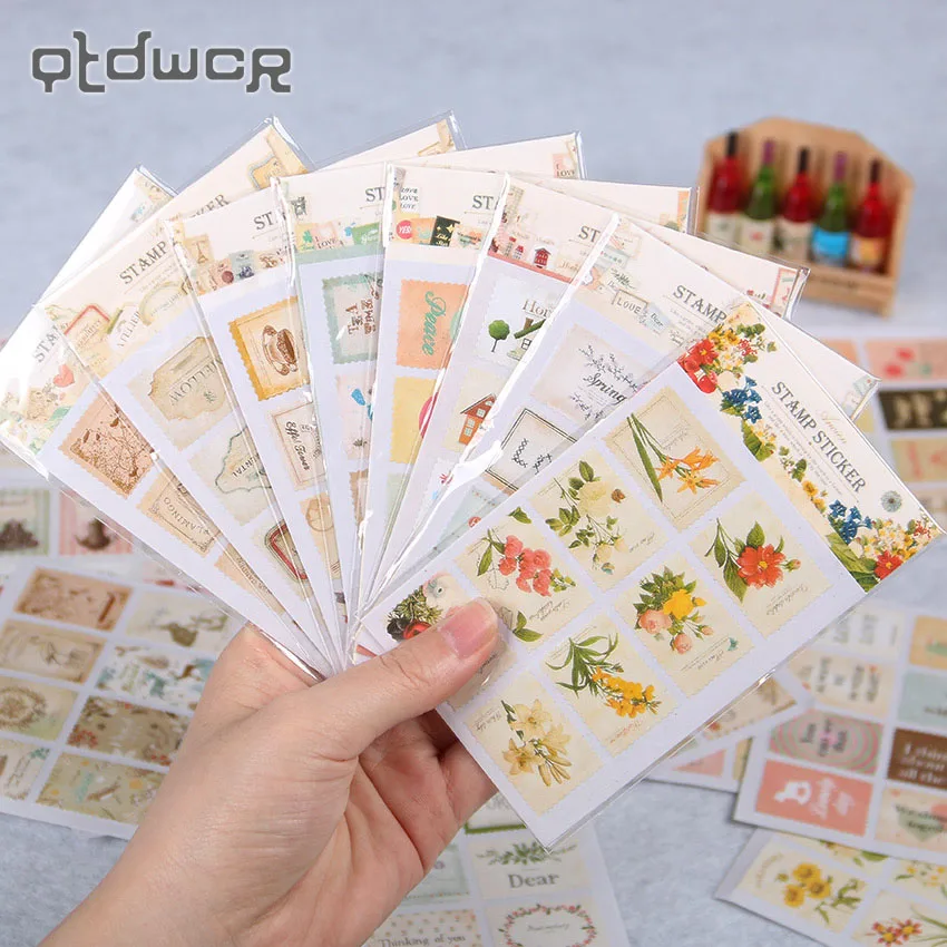 16PCS/1bag Creative Stationery Paper Decorative Sticker Retro Stamp Stickers Decor Scrapbook