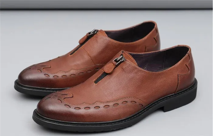 Деловая обувь на плоской подошве с перфорацией «bullock» обувь без шнуровки универсальные модельные туфли с круглым носком Повседневная Осенняя мужская обувь - Цвет: Шоколад