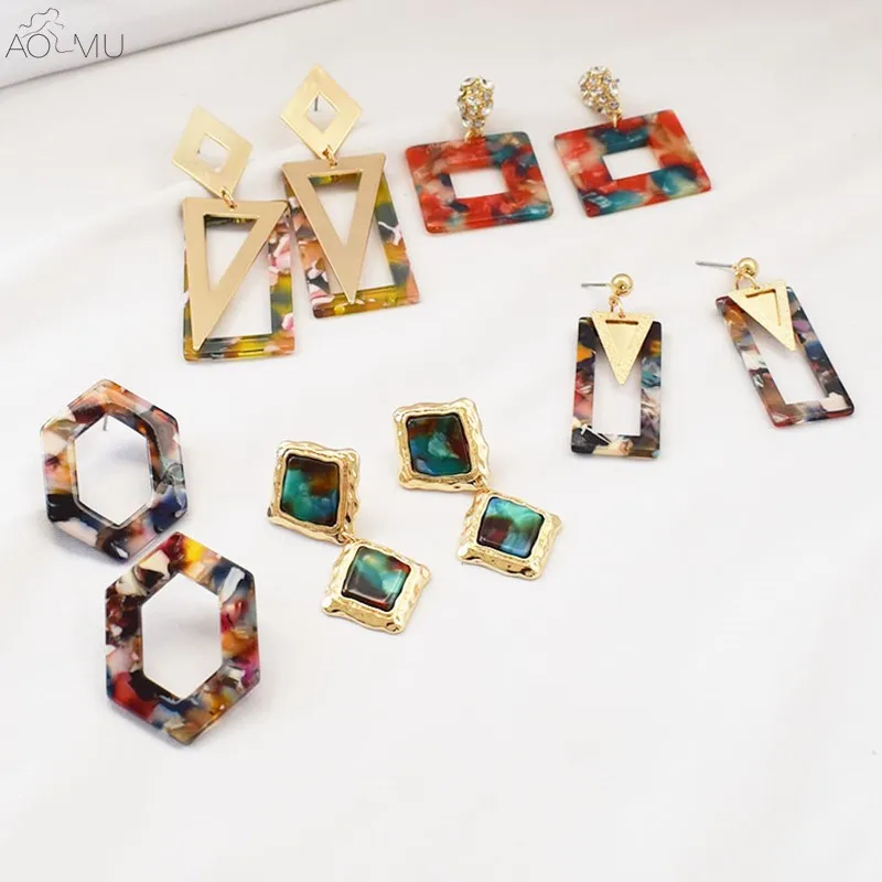 

AOMU Korea Fashion Acetic Acid Plate Acrylic Earrings Geometric Square Triangle Metal Dangle Earrings for Women Girl Party