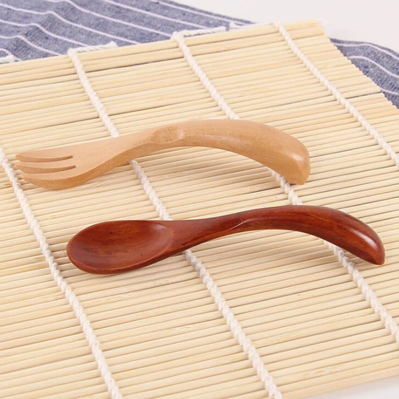 

8cm Small Natural Wood Wooden Spoon fork Baby Feed Spoon Tea Coffee Condiment Salt Sugar Spoon Kid Ice cream Tableware Tool