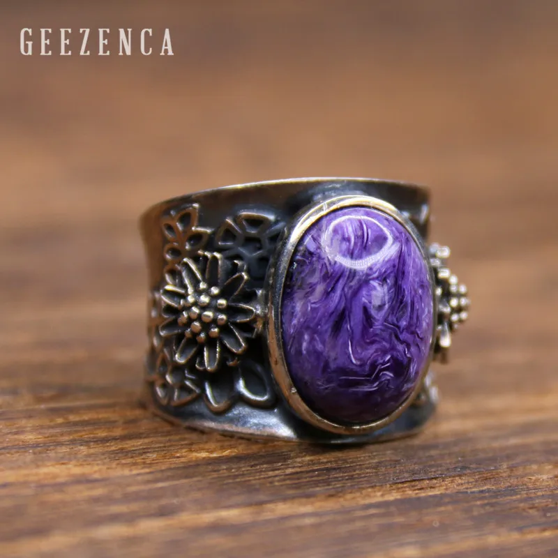 

GEEZENCA 925 Sterling Thai Silver Handmade Craft Flower Cabochon Gemstone Ring Charoite Cocktail Resizable Ring For Women Gift