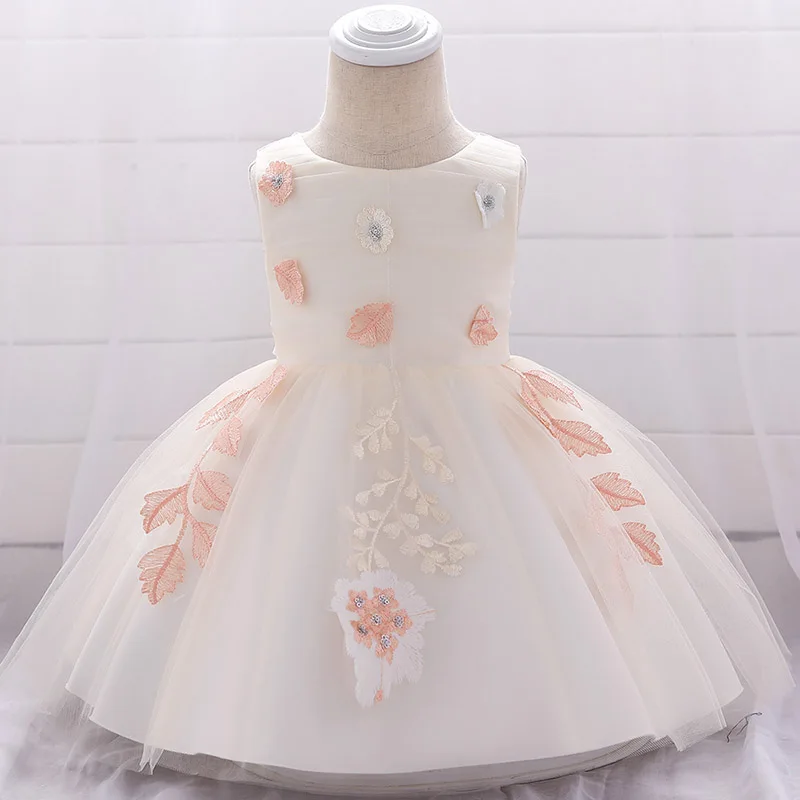 Платье для новорожденных, год платье на день рождения для маленьких девочек от 0 до 2 лет Vestido/одежда с цветочной вышивкой для дня рождения - Цвет: champagne