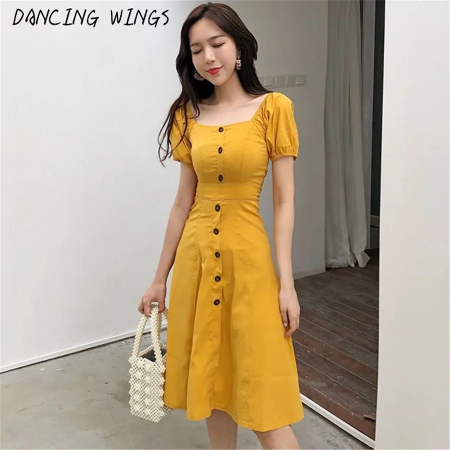 

DANCING WINGS Summer short sleeved elegant single-breasted yellow dress for women