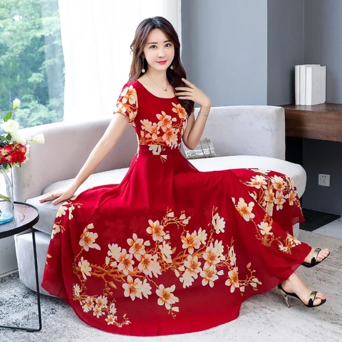 Высококачественное летнее богемное шифоновое платье макси, женское элегантное пляжное платье с цветочным принтом, женское повседневное праздничное длинное платье - Цвет: Красный