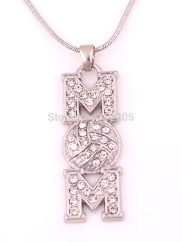 

Fashion New Arrival 30pcs zinc alloy rhodium Volleyball Mom Pave clear Crystal sports Pendant chain necklace