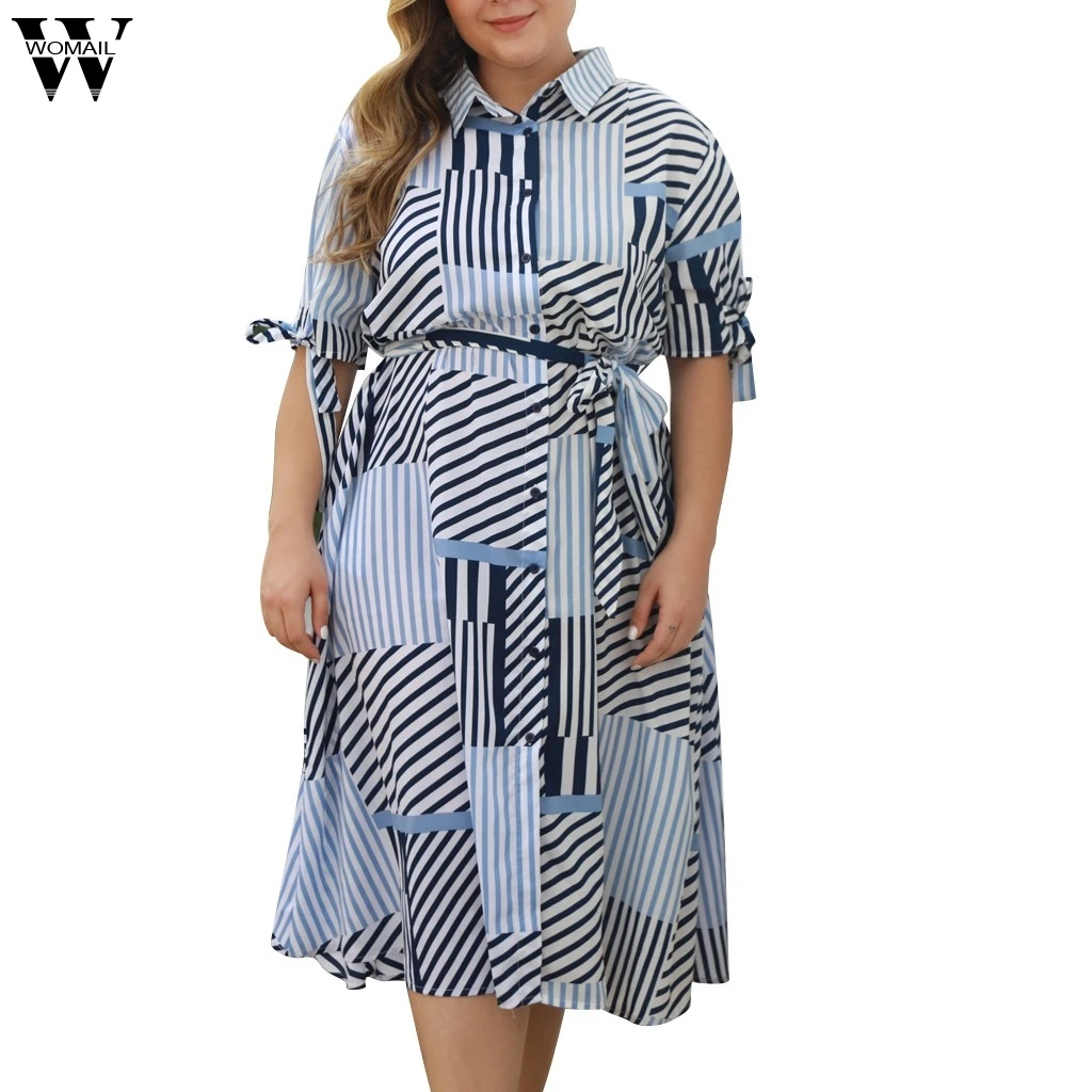 Womail XL-4XL, женское богемное платье размера плюс, Vestidos, свободное, с пятью рукавами, в полоску, с принтом, с высокой талией, по колено, платье JL19 Vestidos