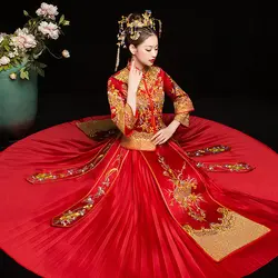 Красный невесты cheongsam Винтаж китайский стиль свадебное вечернее платье вышивка феникс Qipao костюмы Vestidos плюс размеры S-6XL