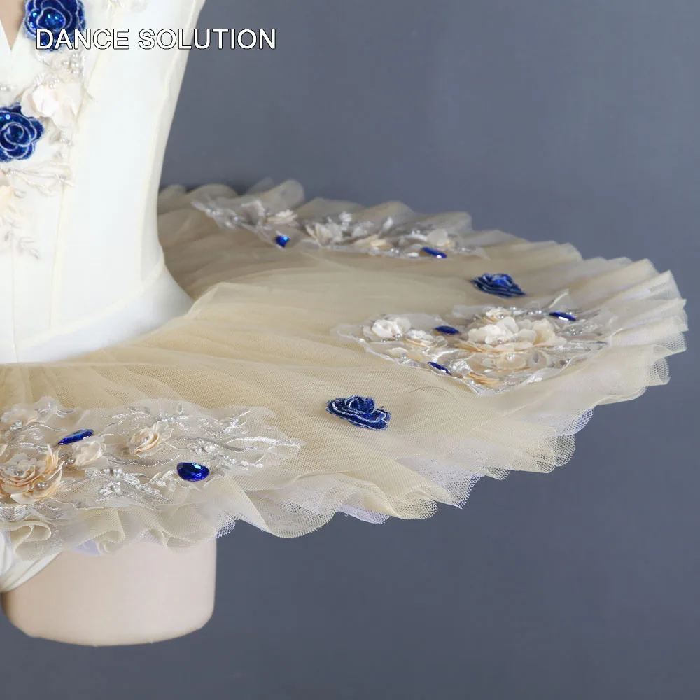 Ночная рубашка из спандекса цвета шампанского с голубой аппликацией, профессиональная балетная пачка, платье для женщин и девочек, костюмы для балерины BLL136